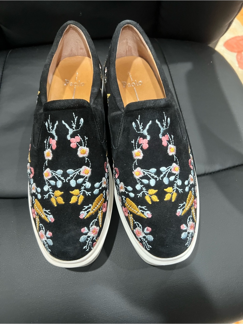 Paolo Black Slip-On Suede Sneakers with Pink, Yellow & Blue Floral Embroidery